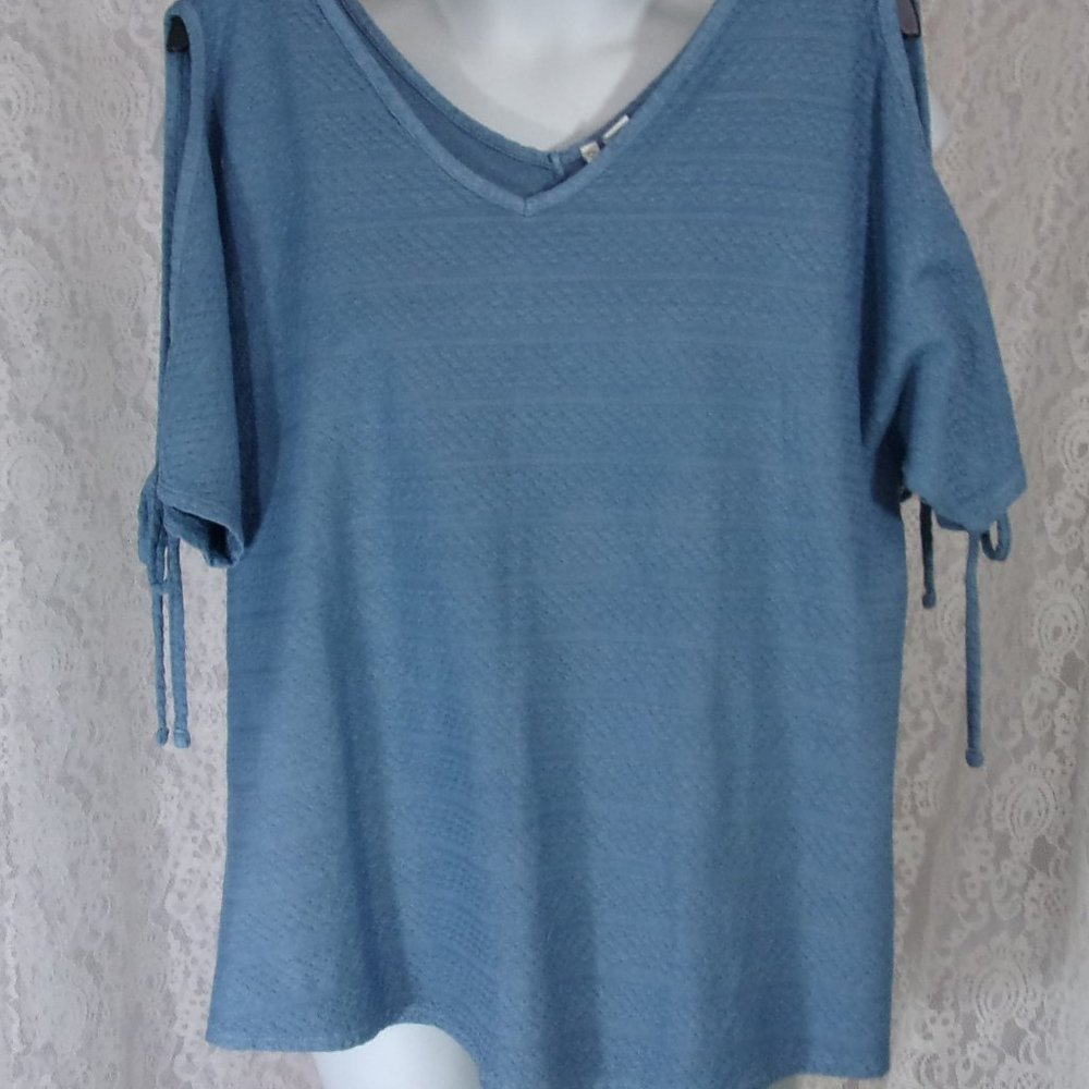 Knit Top Blouse Cold Shoulder Denim Blue Color Size L NWOT